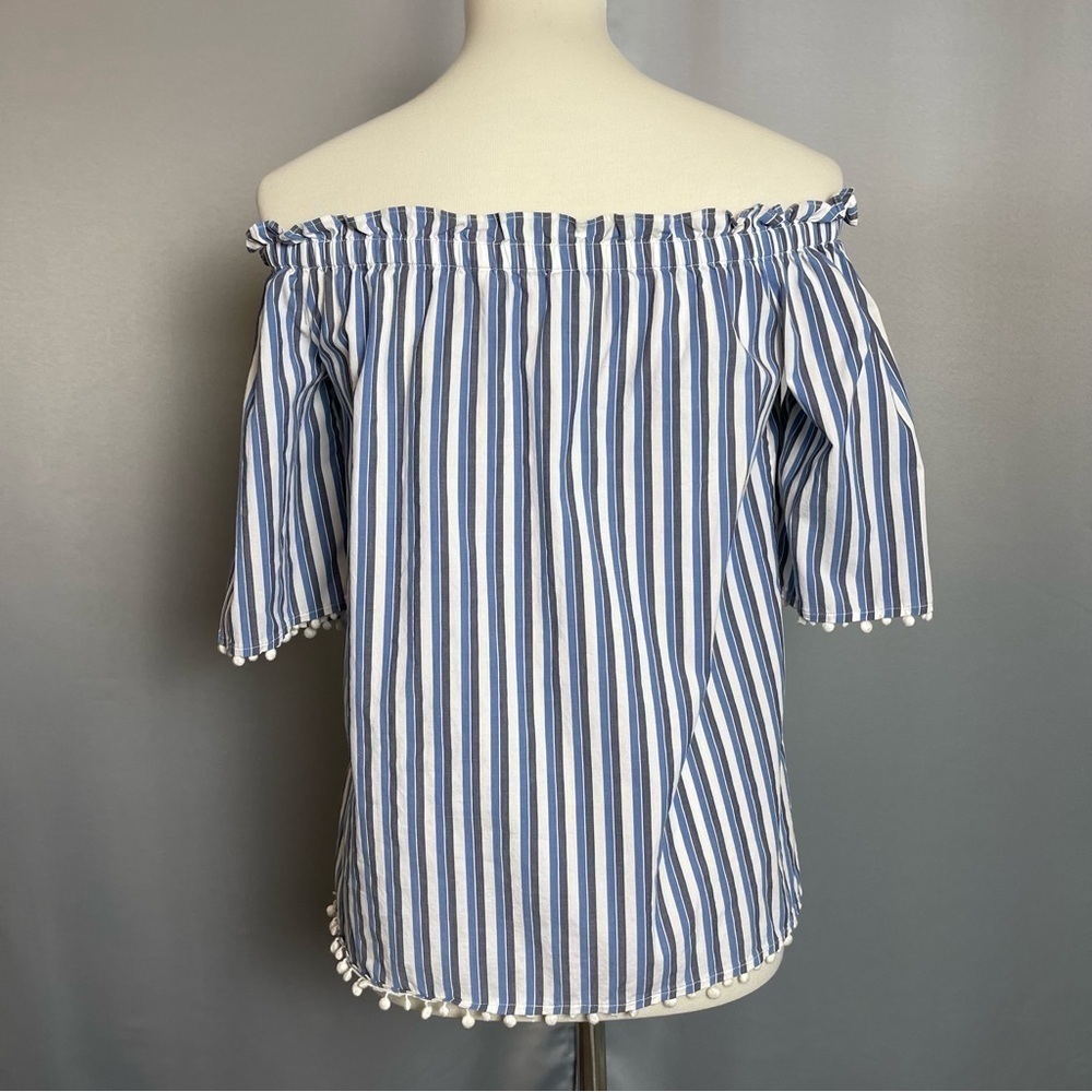 Trina Turk Off Shoulder Blue White Striped Pom Pom Blouse Top Size Small - Picture 9 of 13